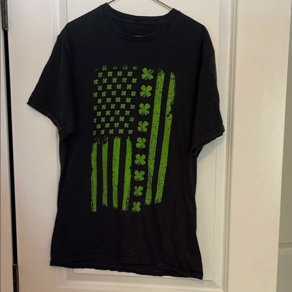 Black T-Shirt with Green Clover Flag Design
